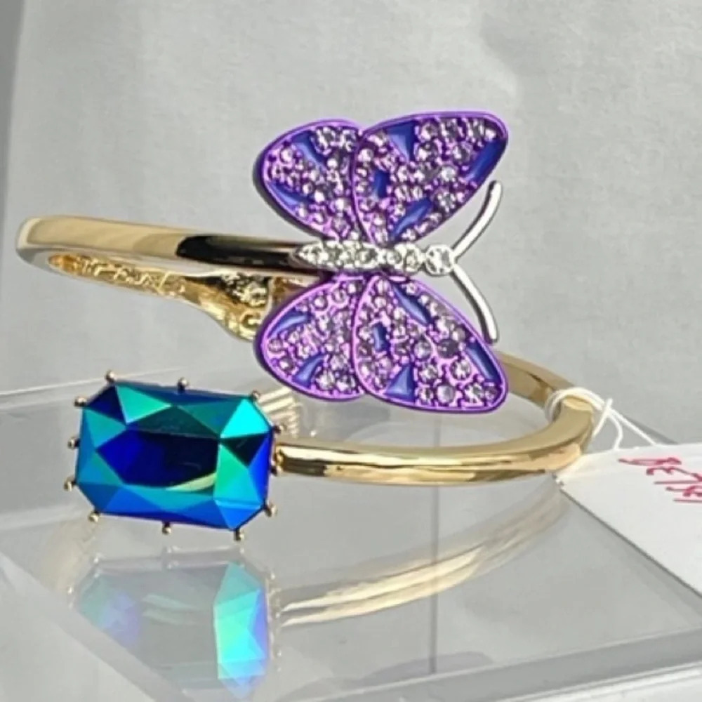 BETSEY JOHNSON Purple Glitter Butterfly & Blue-Green Crystal Hinge Bracelet NWT